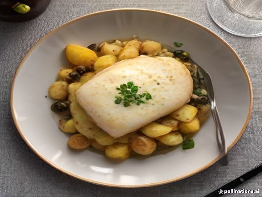 Bacalhau no forno com batatas, alho, azeitonas e salsa